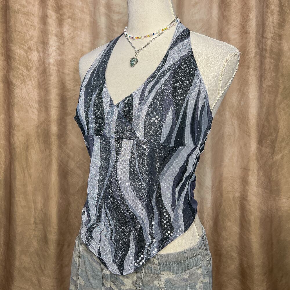 Vintage Y2K Glitter Mesh Halter Top Sequined Gray Metallic Indie McBling Euro